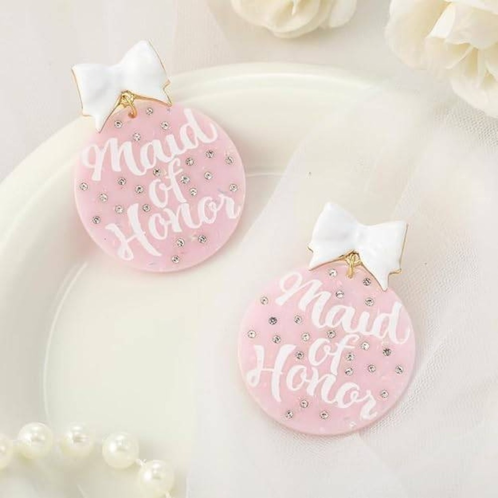 Pink Maid of Honor Bow Earrings Round Crystal Rhinestone Bridal Party Earrings